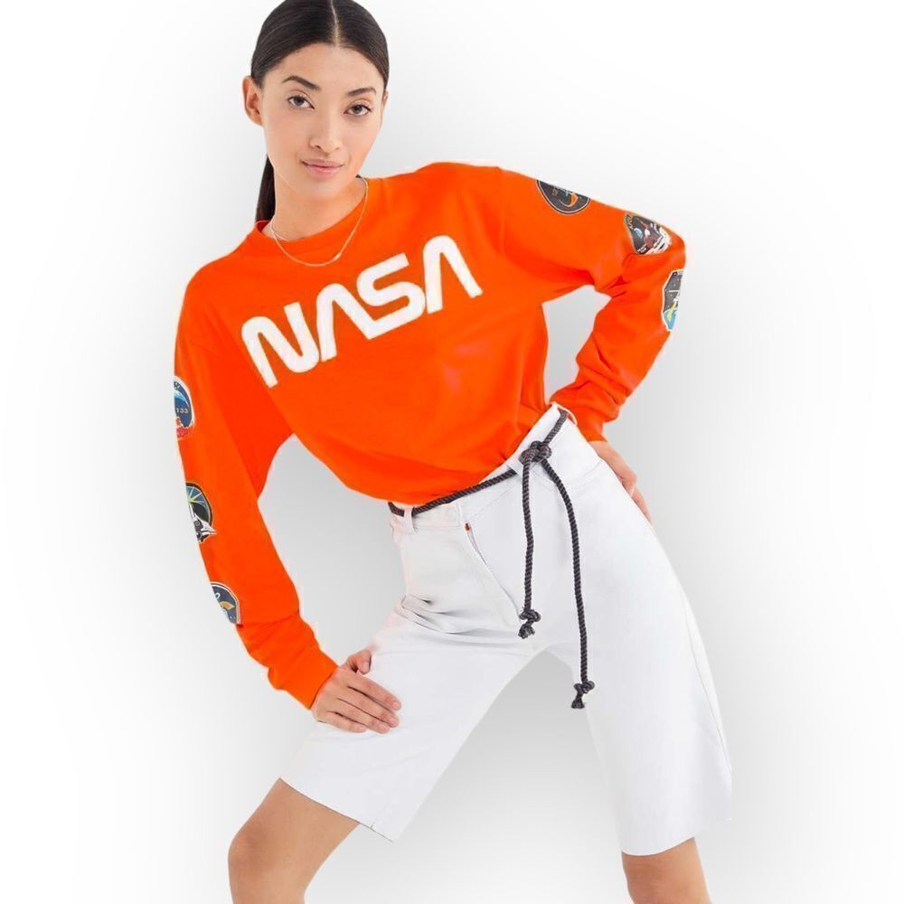 Urban Outfitters Chemistry Long Sleeve NASA Graphic Tee Small Womens Neon Orange